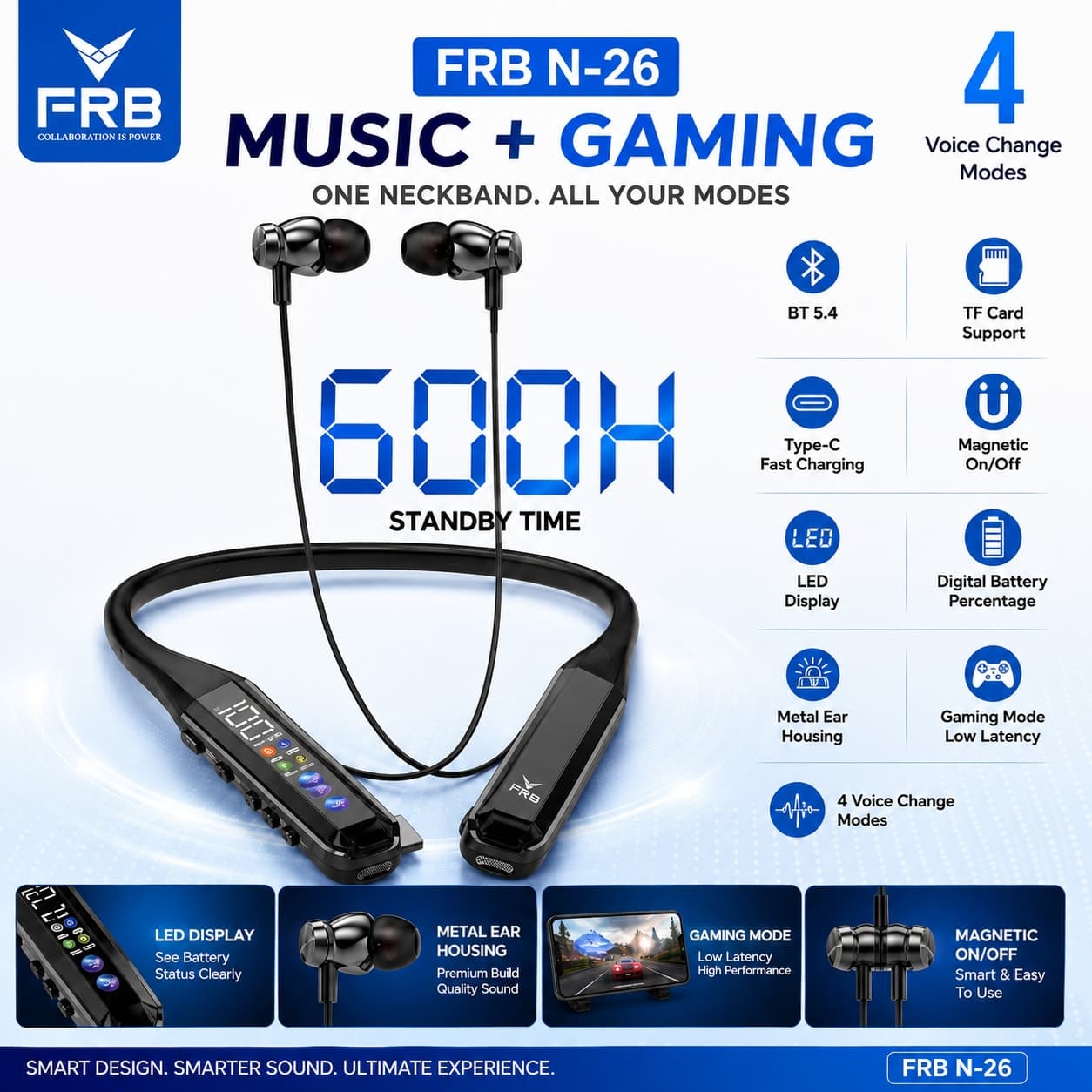 FRB N-26 Wireless Gaming Neckband – 600H Standby | Bluetooth 5.4 | LED Display