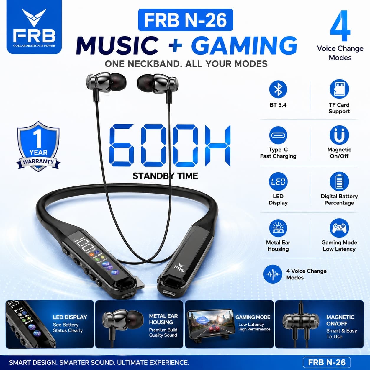 FRB N-26 Wireless Gaming Neckband – 600H Standby | Bluetooth 5.4 | LED Display